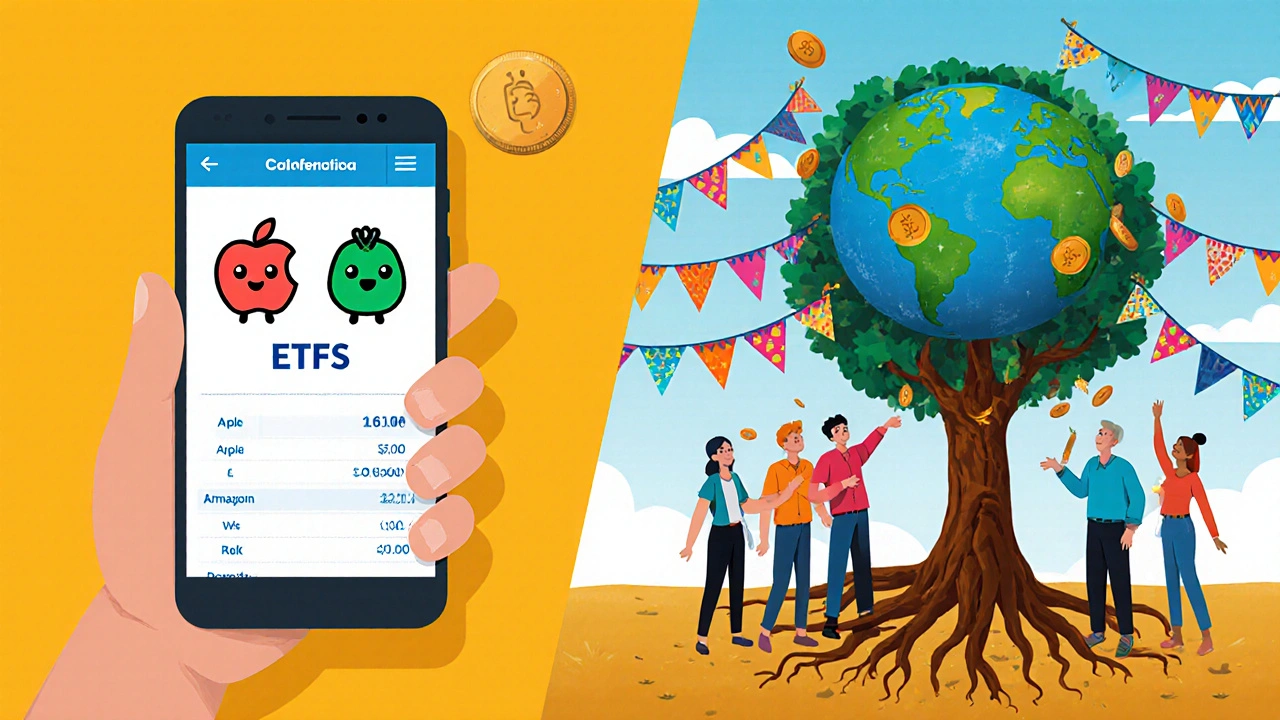 A phone shows fractional stocks while people toss coins into a tree made of diversified investments.