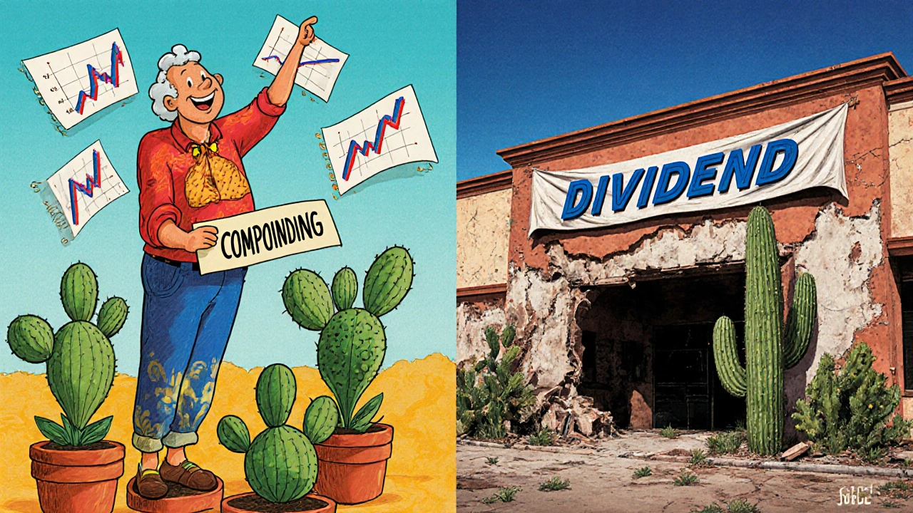 A retiree reinvests dividend cash into growing plants while a crumbling Sears building fades in the background.