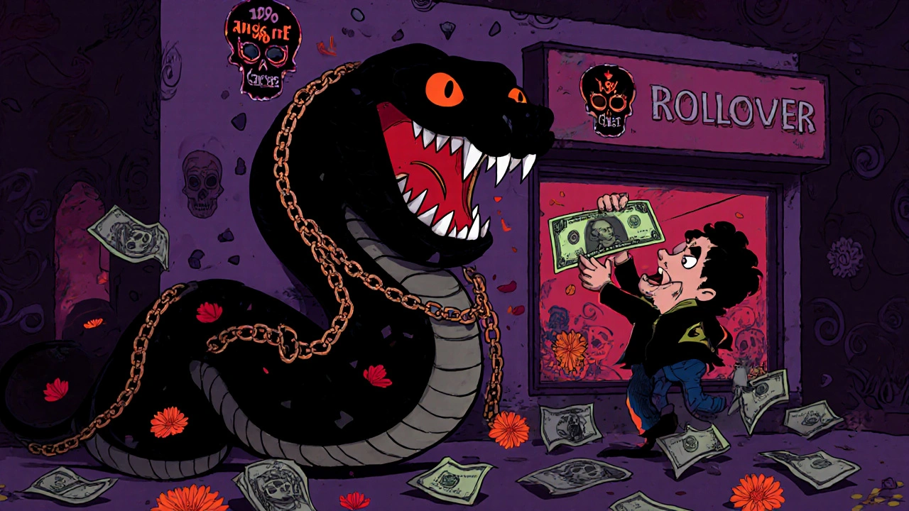 A sinister payday loan shop with fangs and chains swallows money, raining debt as marigold petals turn to ash.