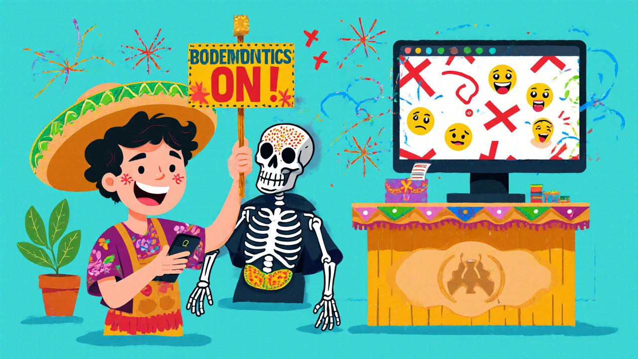 A user paying at a market with a skeleton mascot encouraging biometrics, while hackers&#039; screens show confused emoji.