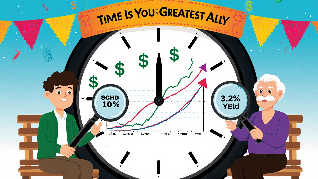 A young investor and retiree comparing stock charts under a clock, with rising numbers around the growth chart.