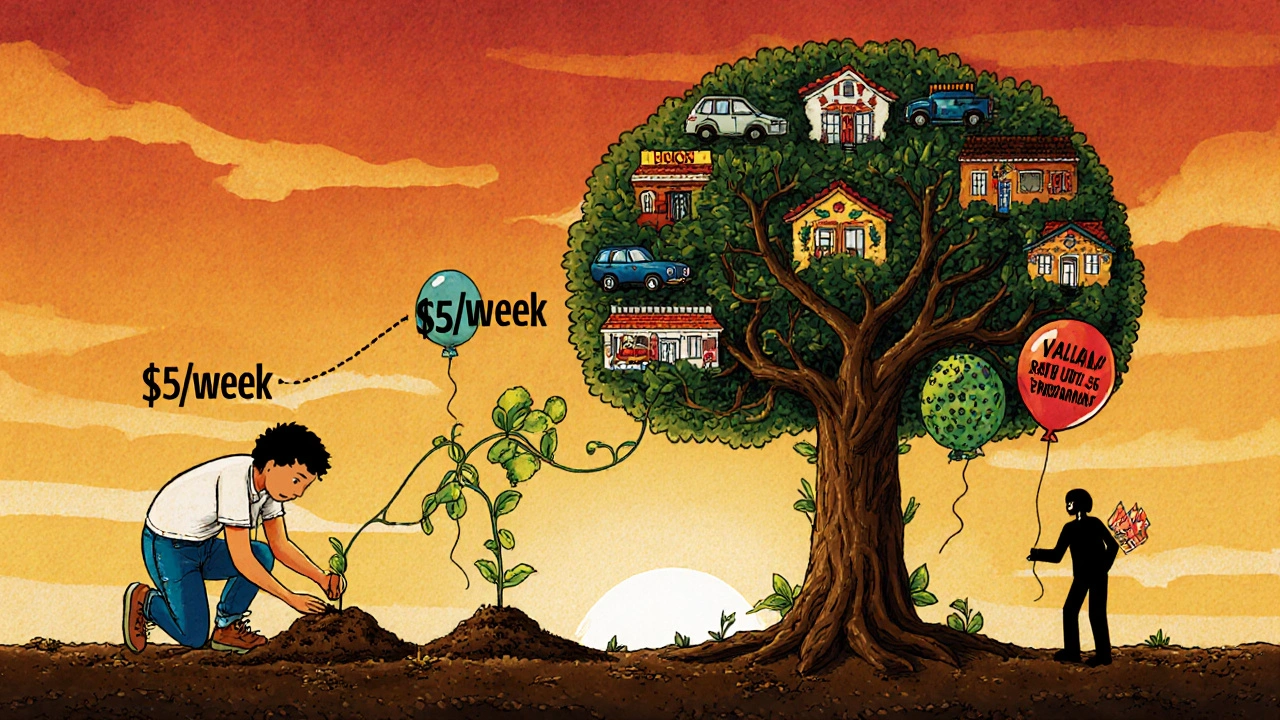 A young person plants a /week seed that grows into a tree of wealth over decades.