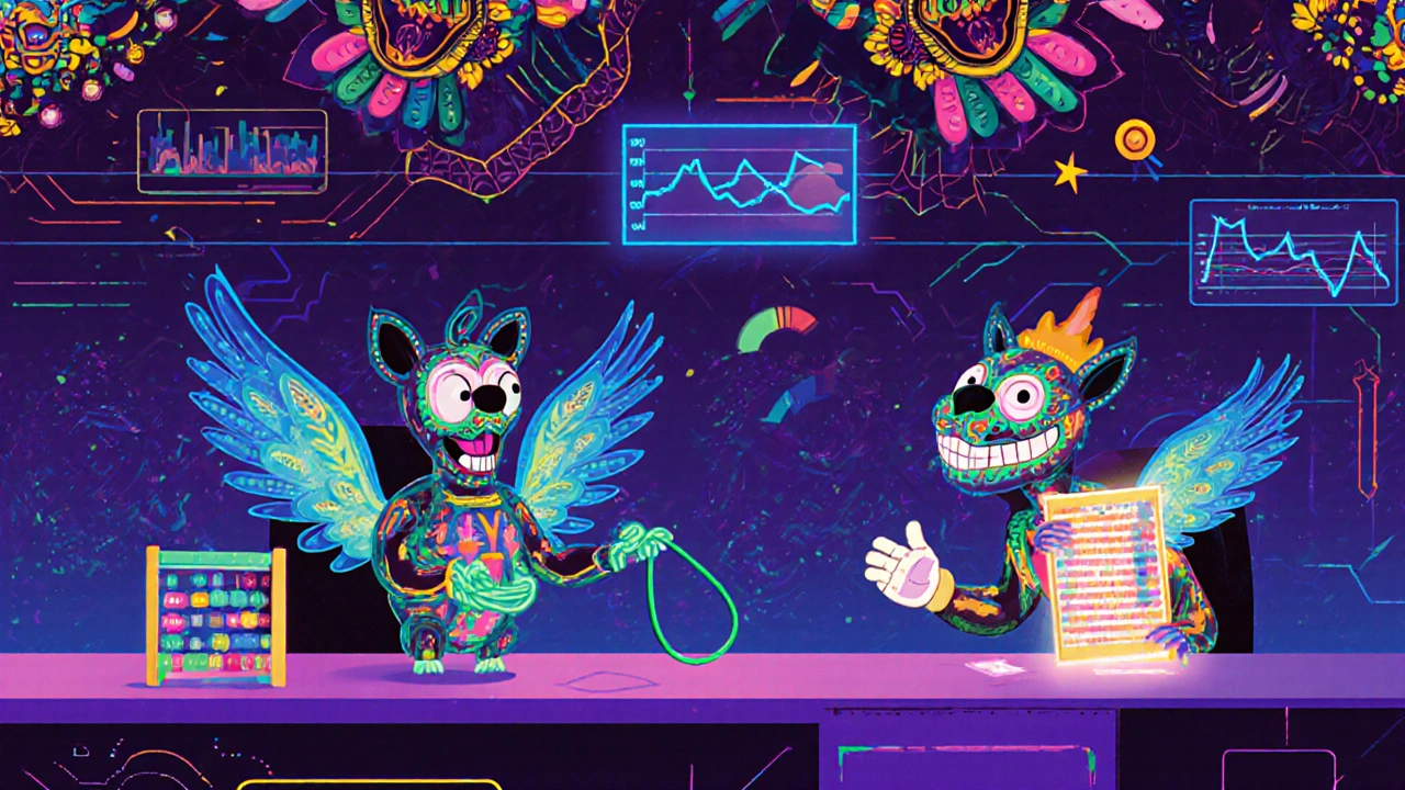 AI alebrije creatures auto-categorize expenses with data wings, correcting misrouted costs in a glowing control room.