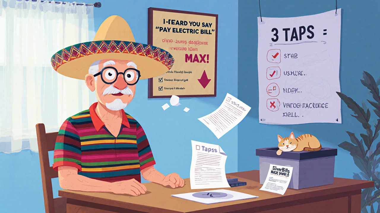 An elderly man talks to a friendly AI assistant with a sombrero as his electric bill pays itself, with clear visual cues for simplicity.