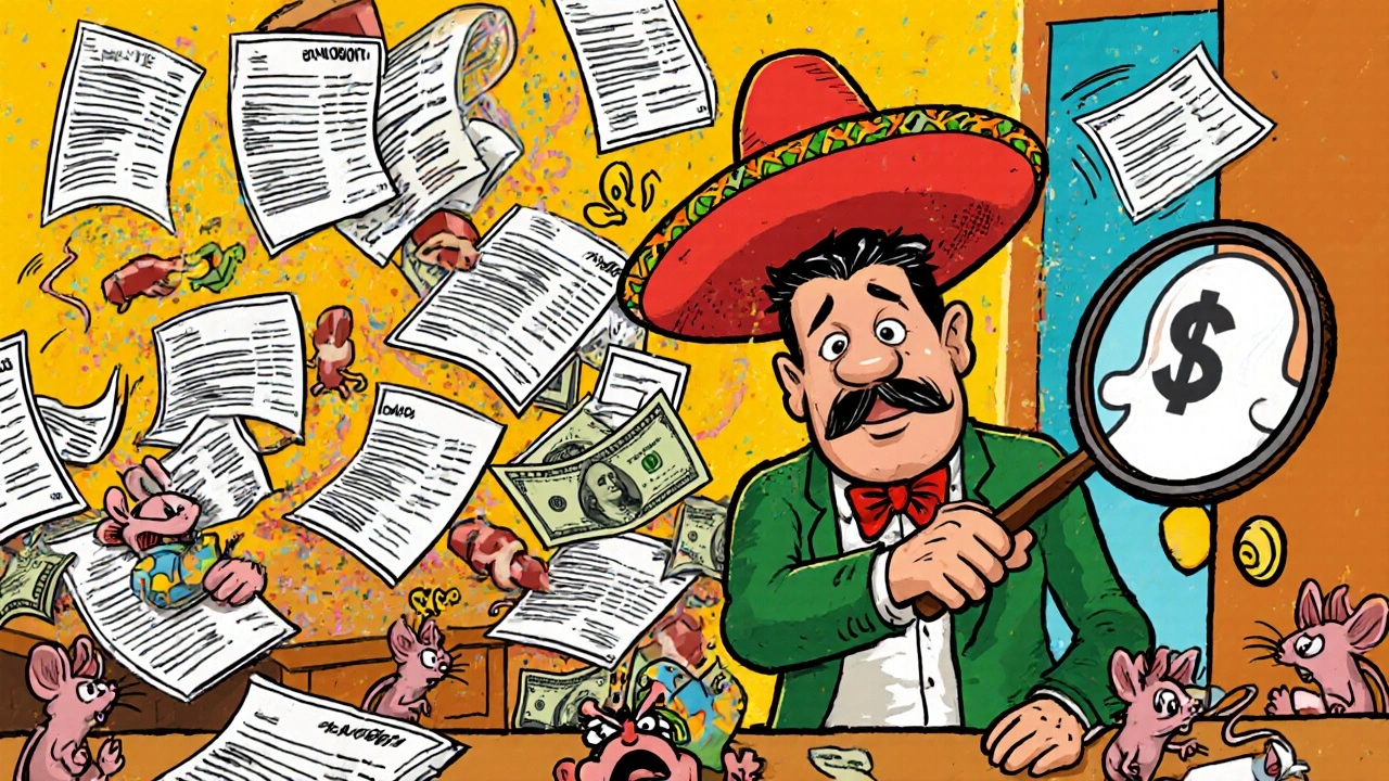 An employee catches a sneaky overpayment ghost dollar with a magnifying glass amid chaotic invoices and alarmed mice in a vibrant office.