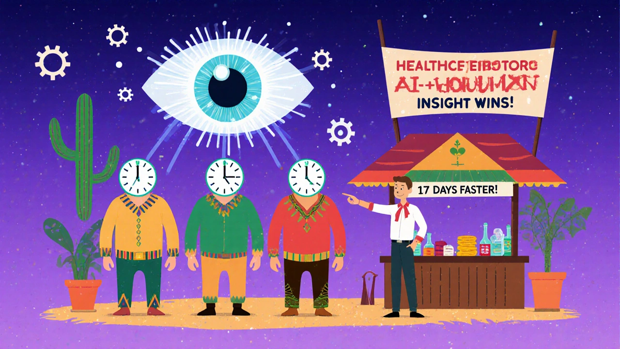 Animated debtor characters with symbolic heads being scanned by AI, with a human analyst pointing to healthcare debtors in a market stall.