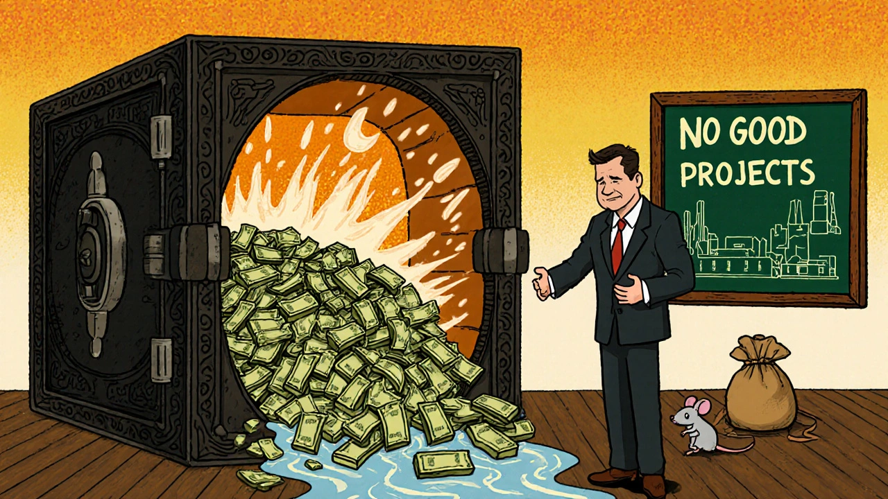 Cash floods out of a corporate vault as a CEO looks at a chalkboard saying &#039;No Good Projects&#039;.