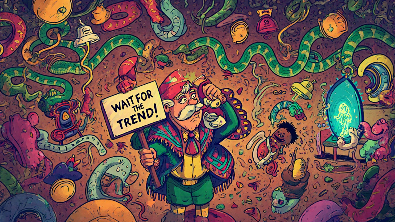 Chaotic trading floor with tangled MACD lines causing false signals, while a calm trader ignores them, watching a glowing divergence.