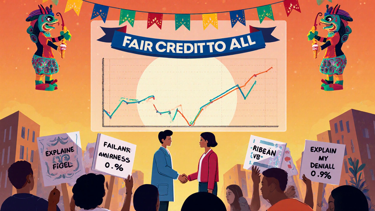 Community celebrates fairness as AI metrics rise, with symbolic alebrijes and papel picado in the background.