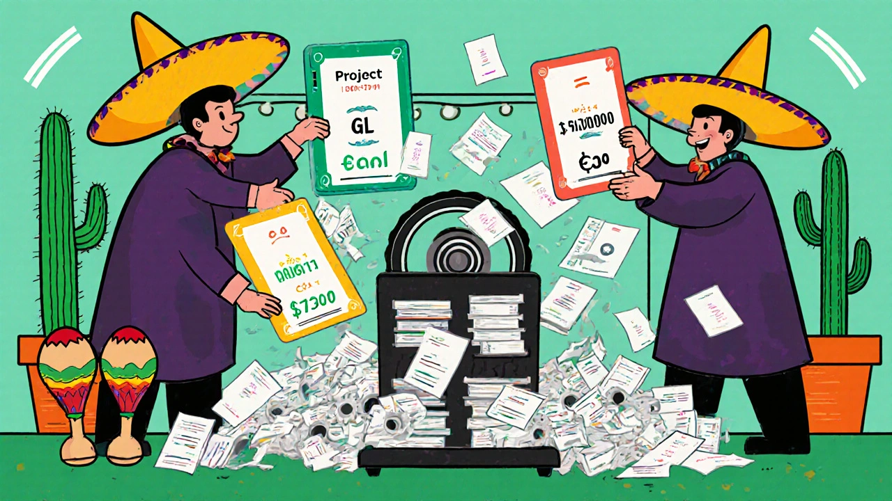 Finance wizards toss mapping rule cards into a gear machine that turns receipts into sorted ledger books.