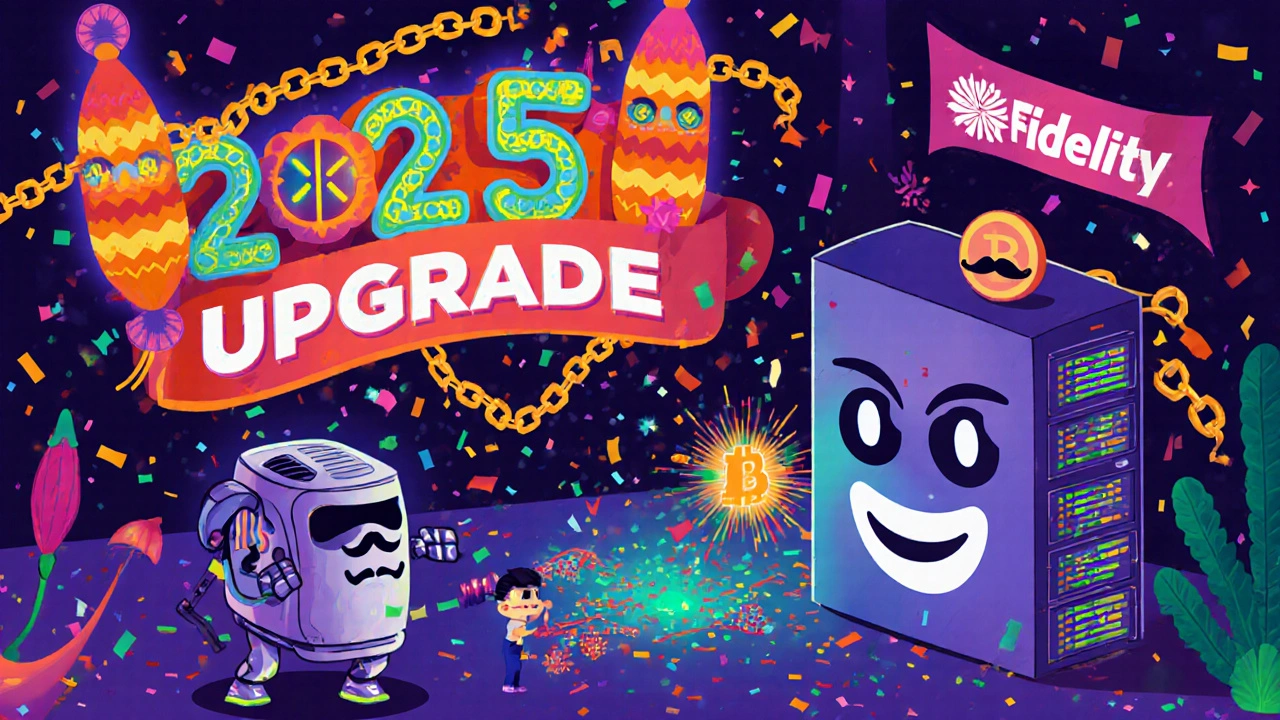 Futuristic AI robots maintain glowing blockchain servers under a &#039;2025 Upgrade&#039; banner, while an old server explodes in confetti.