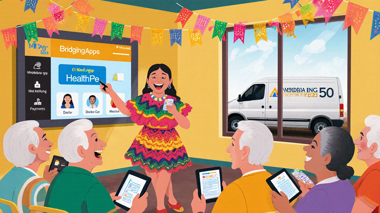 Seniors learn fintech together in a community class, smiling as they use voice-controlled apps for health and bills.