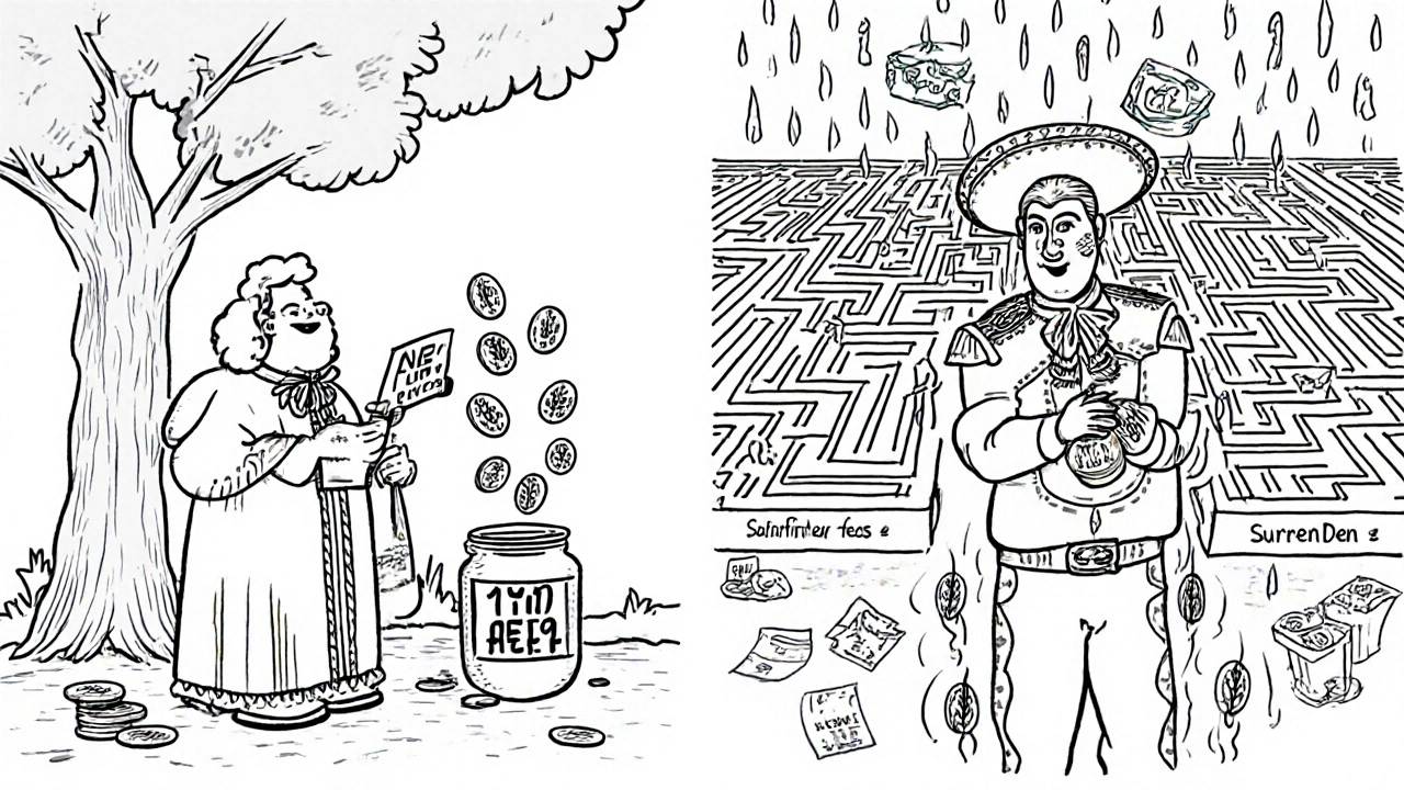 Side-by-side scene: a calm fee-only advisor with a client versus a flashy advisor pushing products as cash rains down.