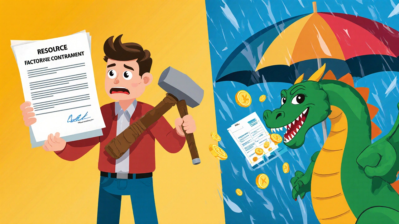 Split scene: one business owner under a repayment hammer, another protected by a non-recourse umbrella as a dragon eats bad debt.