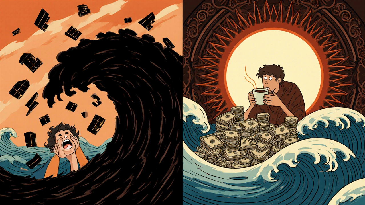 Split-screen comparison of panic during a market crash versus calm growth through gradual investing, in colorful Mexican animation style.