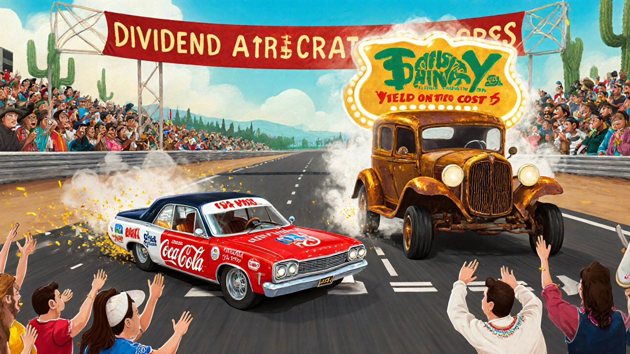 Two race cars labeled Dividend Aristocrats and High Yield competing on a track, with the growth car winning.