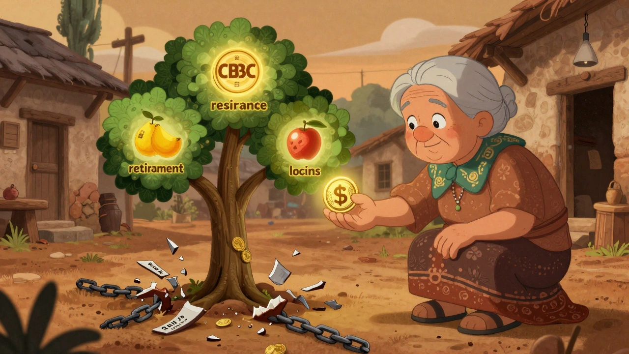 A child gives a digital coin to an elderly woman as a tree of financial access grows beside them.