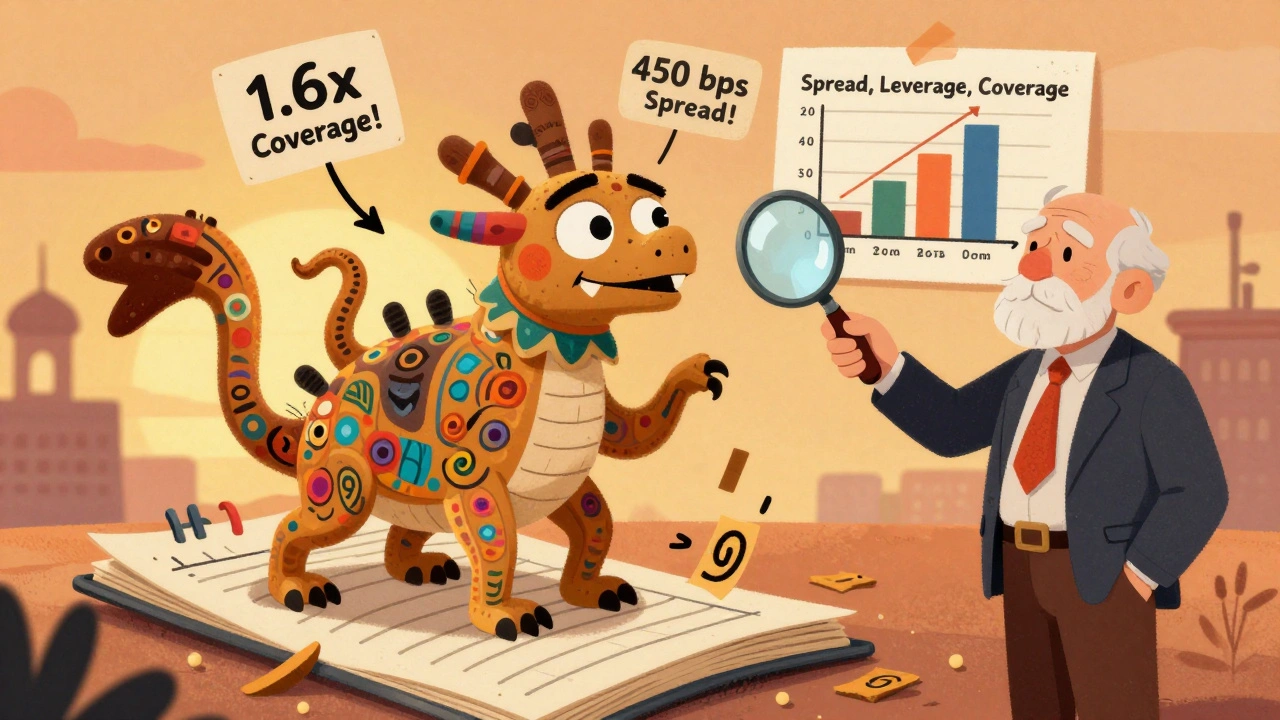 A confused investor examines a chaotic alebrije financial creature with warning labels about debt and coverage ratios.