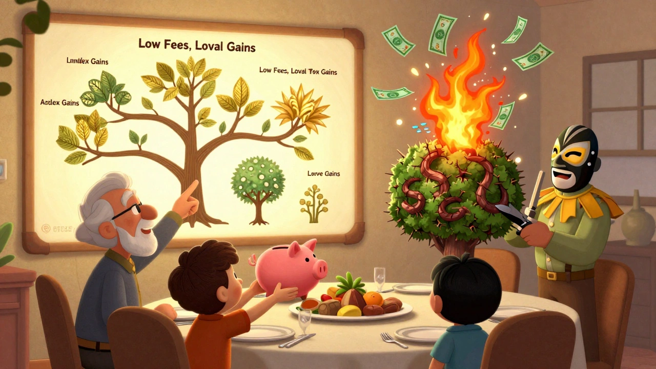 A family tree shows index funds as healthy trees growing wealth, while active funds are thorny bushes raining tax bills over a dinner table.