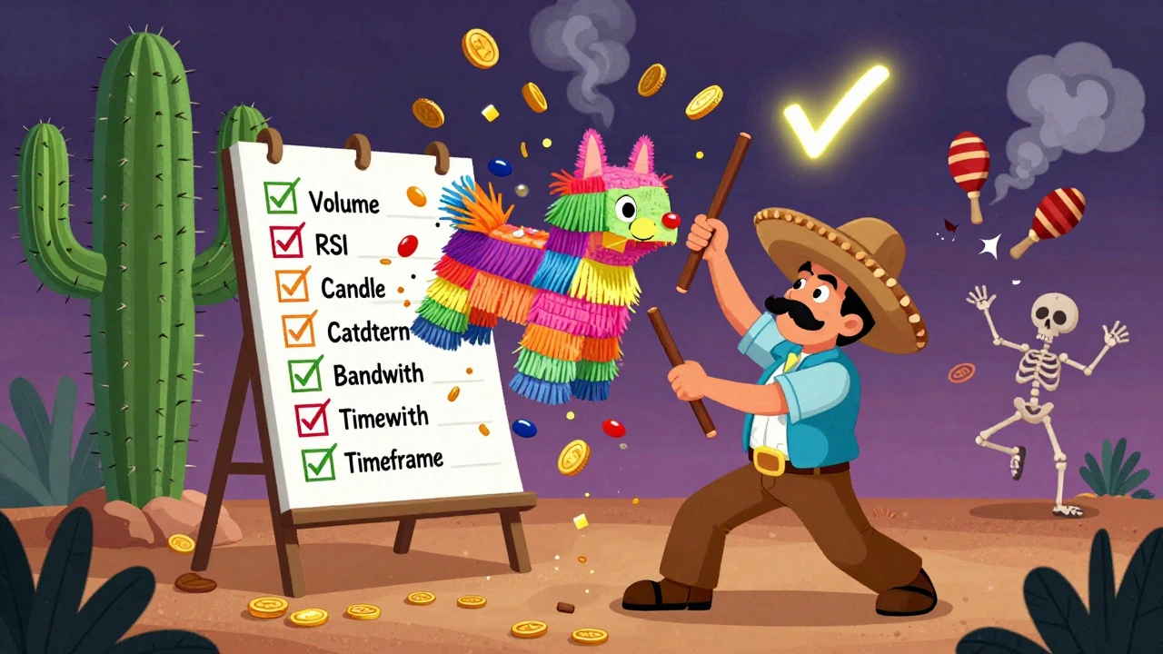 A piñata checklist hanging from a cactus, being struck to release gold coins, while failed trades crumble in smoke.