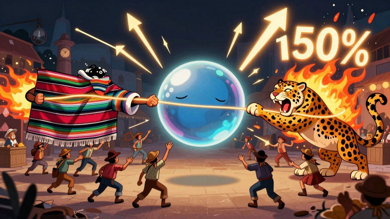 A serape squeezing a price bubble, with a jaguar bursting through as volume flames erupt and RSI points upward.