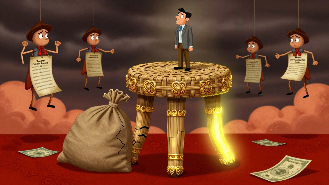 A three-legged stool made of reeds and gold, each leg representing a bond metric, with one leg cracking under pressure.