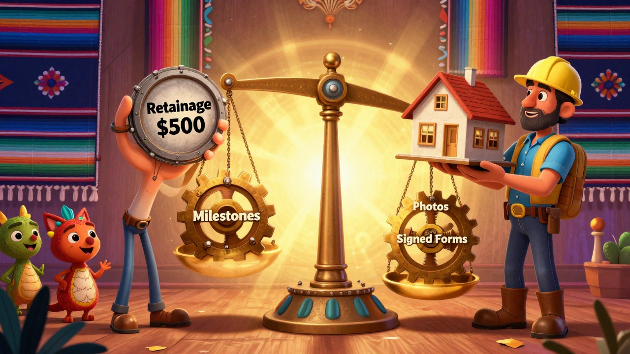 Balanced scale with retainage weight and completed house trophy, animated gears and alebrije creatures in background