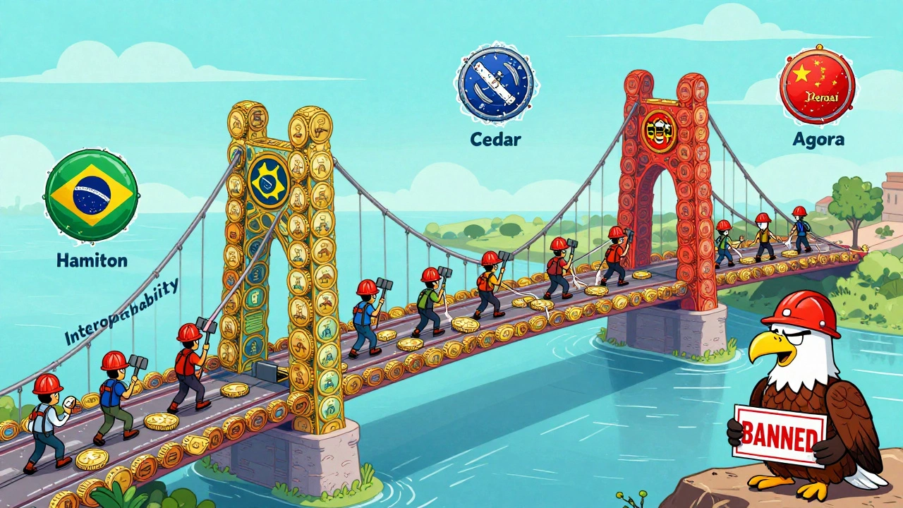 Colorful CBDC bridge connecting countries, workers building it, U.S. eagle holding &#039;BANNED&#039; sign nearby.