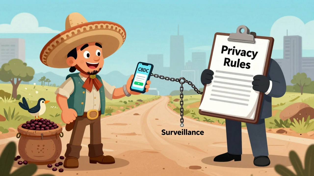 Farmer receives instant CBDC payment while shadowy figure watches with surveillance chains, rural backdrop.