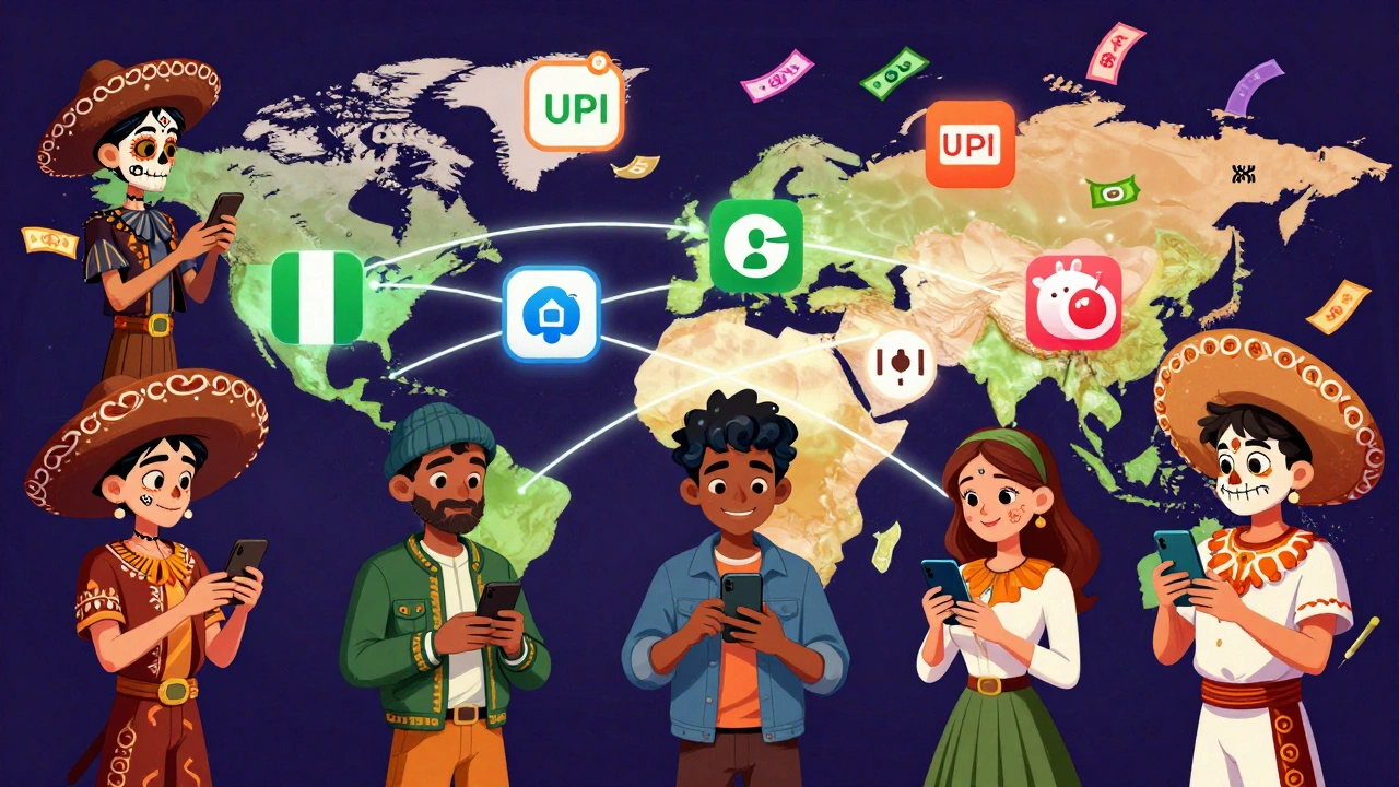 People from different countries connected by digital finance icons floating in a vibrant global network.