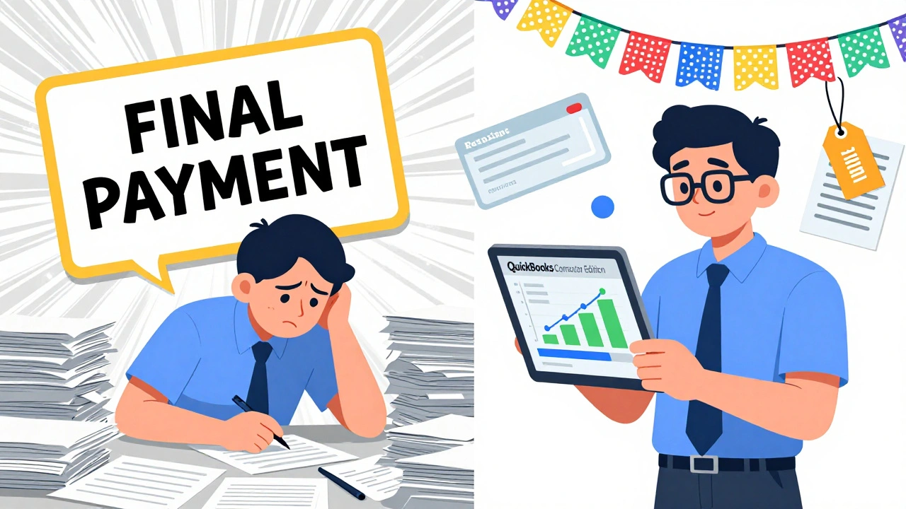 Split scene: overwhelmed worker vs. confident worker using progress billing software, colorful Mexican animation