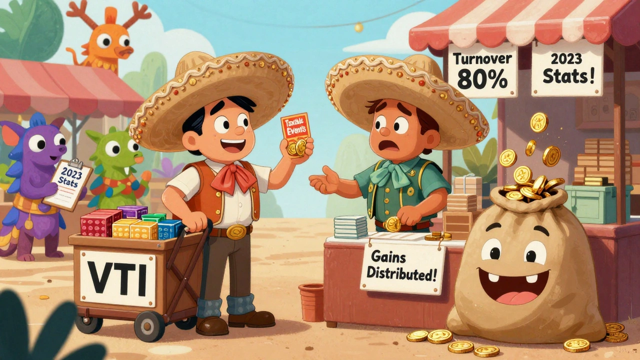 Two investors in a Mexican market: one sells ETFs with no tax tags, the other struggles with a messy mutual fund stall draining coins into a tax sack.