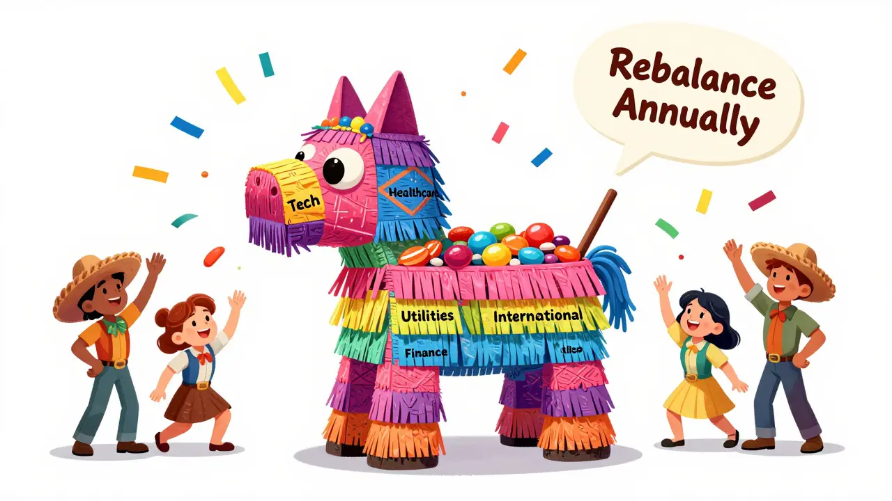 A vibrant piñata of 40-50 diversified stocks rains stable returns as a calm investor hits it gently.