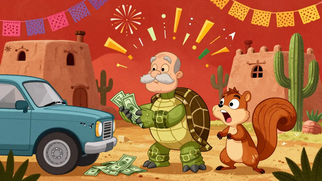 A wise turtle and nervous squirrel beside a broken car, with the turtle handing cash from a maturing CD under festive fireworks.