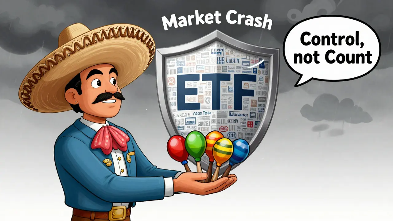 An investor holds 20 individual stocks like maracas, protected by a giant ETF shield from market storms.
