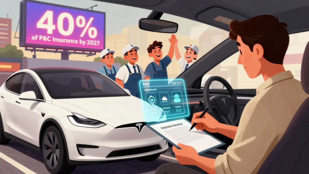 Customer receiving a Tesla with holographic insurance dashboard showing real-time safety alerts and tech team celebrating.